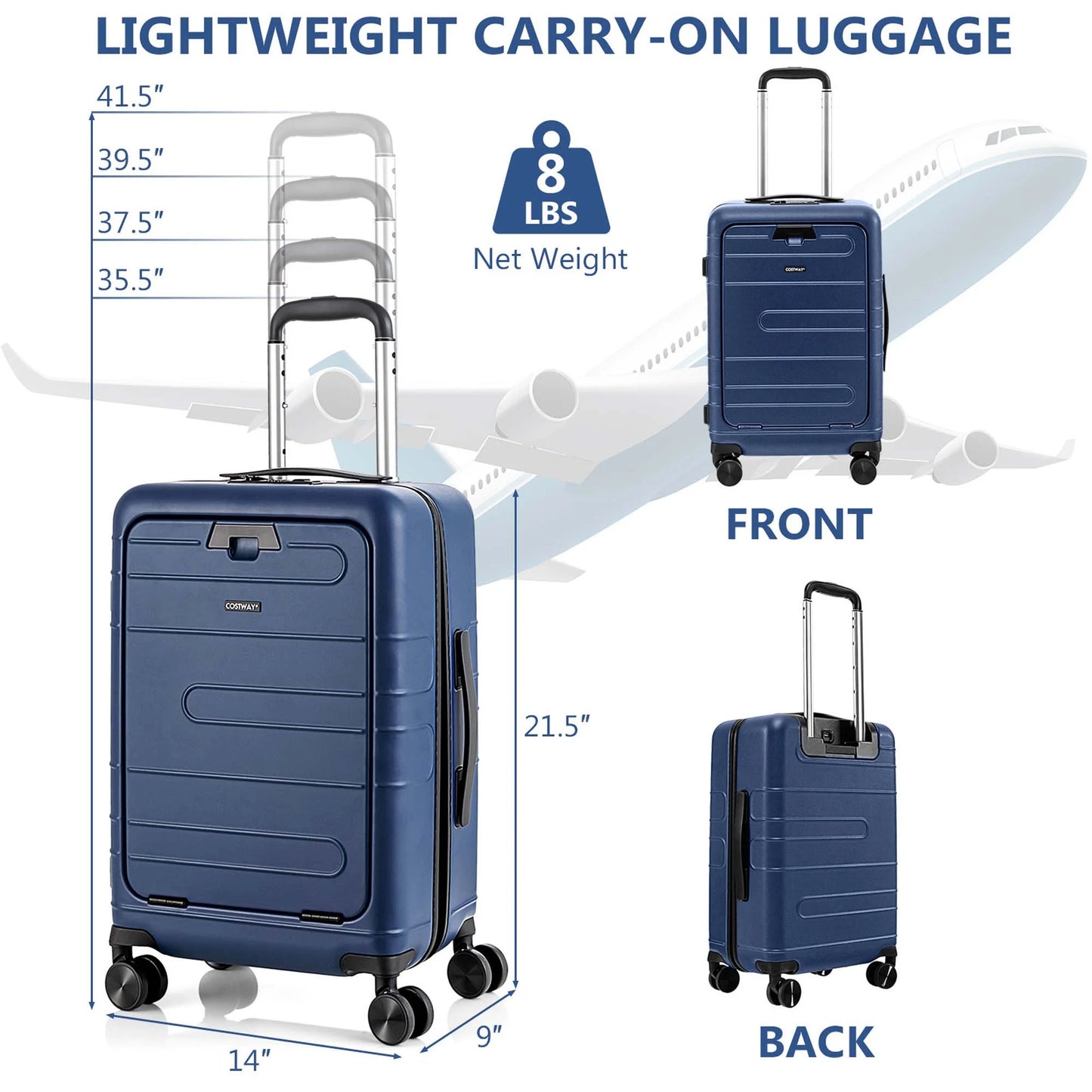 20'' Carry-On Luggage PC Hardside Suitcase TSA Lock with Front Pocket & USB Port Navy
