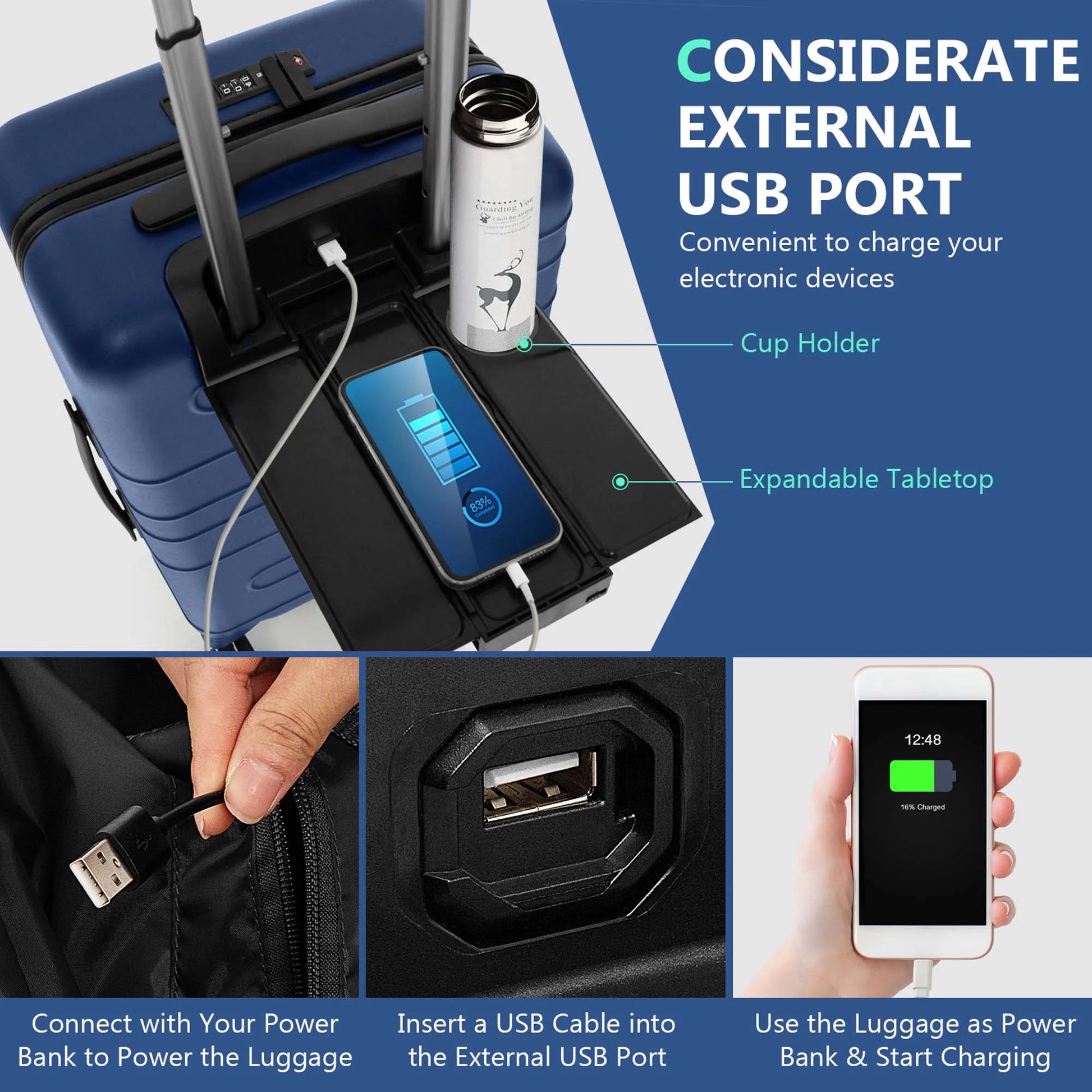20'' Carry-On Luggage PC Hardside Suitcase TSA Lock with Front Pocket & USB Port Navy