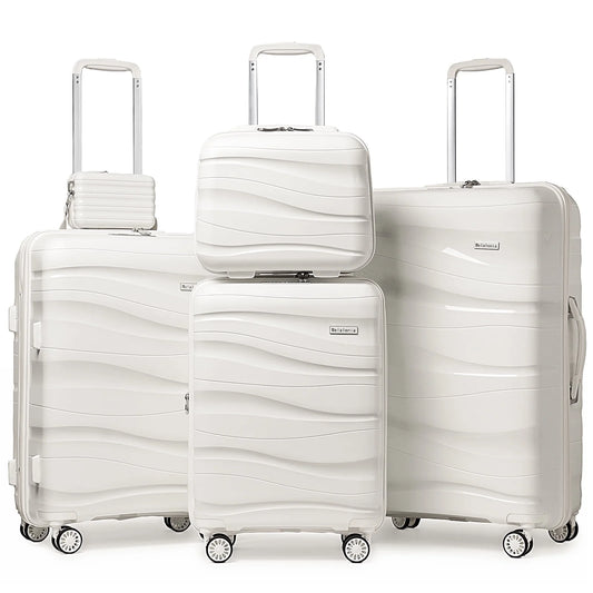 5 Piece Luggage Set PP Hardside Spinner Luggage - (Expandable Carry-On Suitcase20")( 24" 28")-White