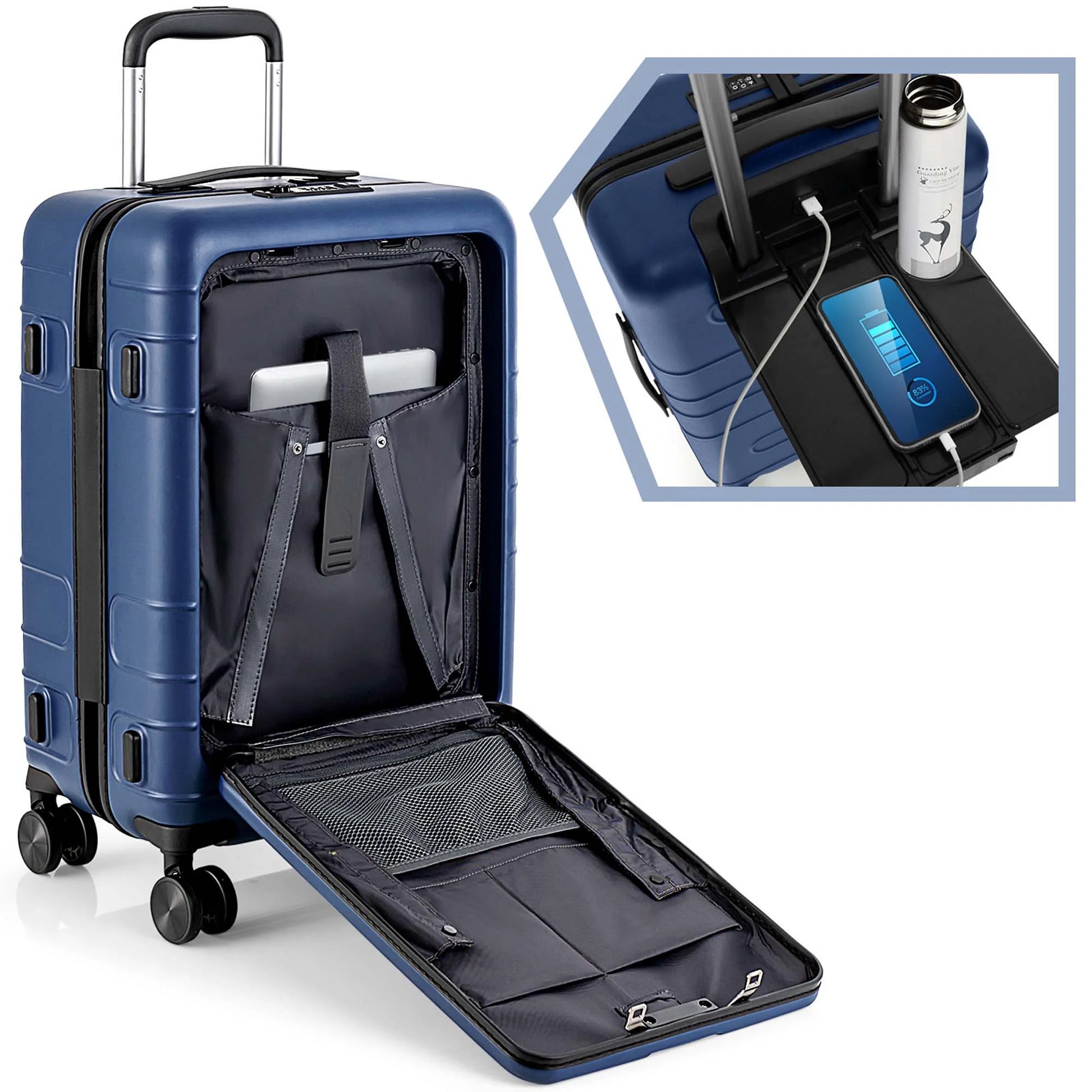 20'' Carry-On Luggage PC Hardside Suitcase TSA Lock with Front Pocket & USB Port Navy