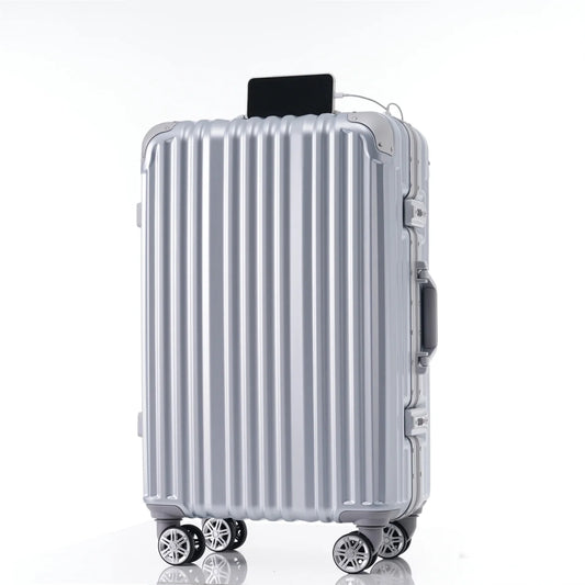28In Aluminum Frame Luggage with USB Port, Vacation Carry-On Suitcase with Spinner Wheels and TSA Lock, Travel Trolley Case for Short Business Trips, Beach Holidays, Gray Silver