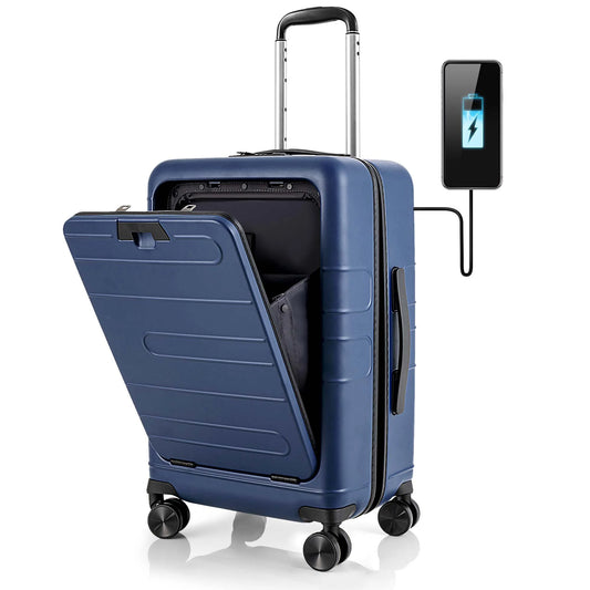 20'' Carry-On Luggage PC Hardside Suitcase TSA Lock with Front Pocket & USB Port Navy