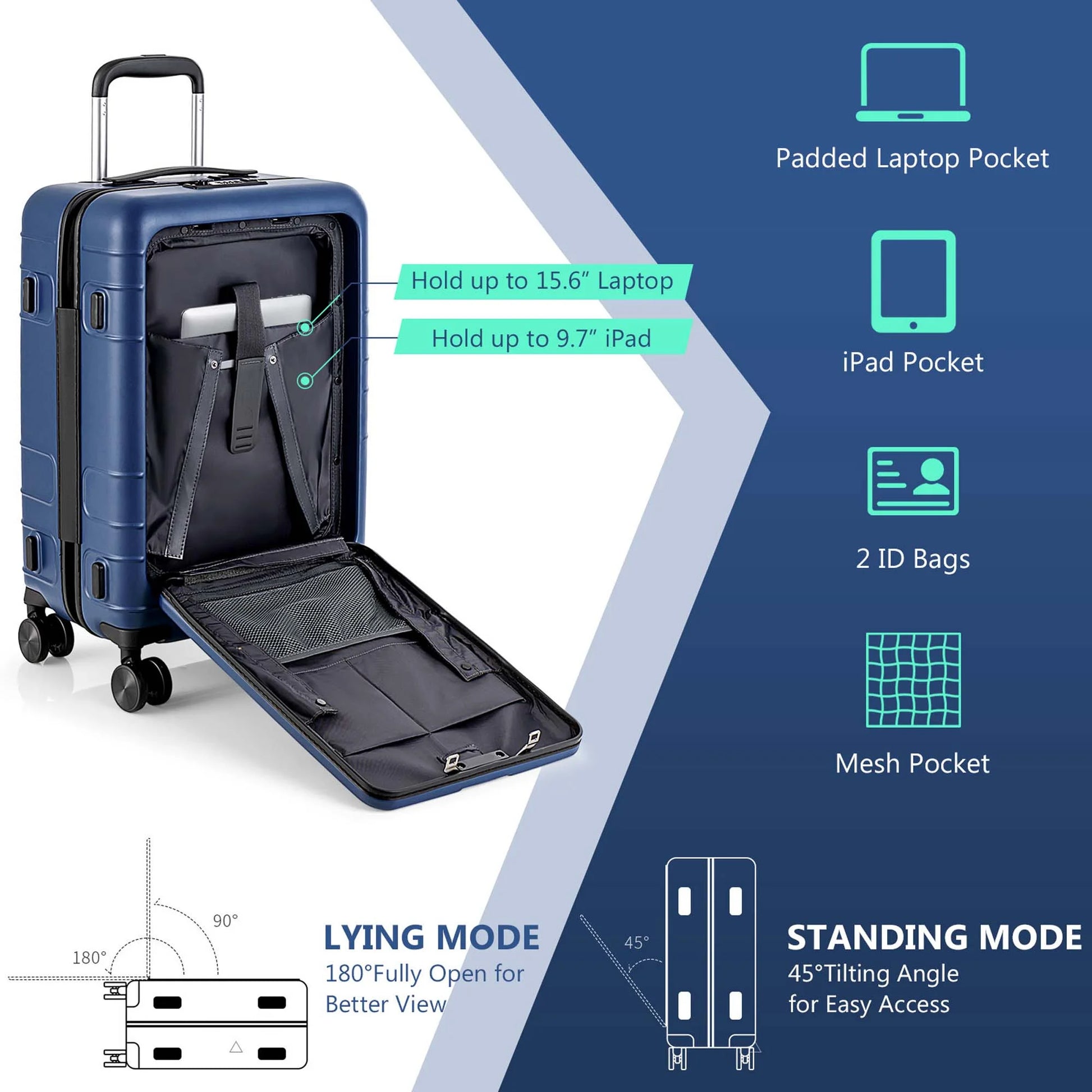 20'' Carry-On Luggage PC Hardside Suitcase TSA Lock with Front Pocket & USB Port Navy