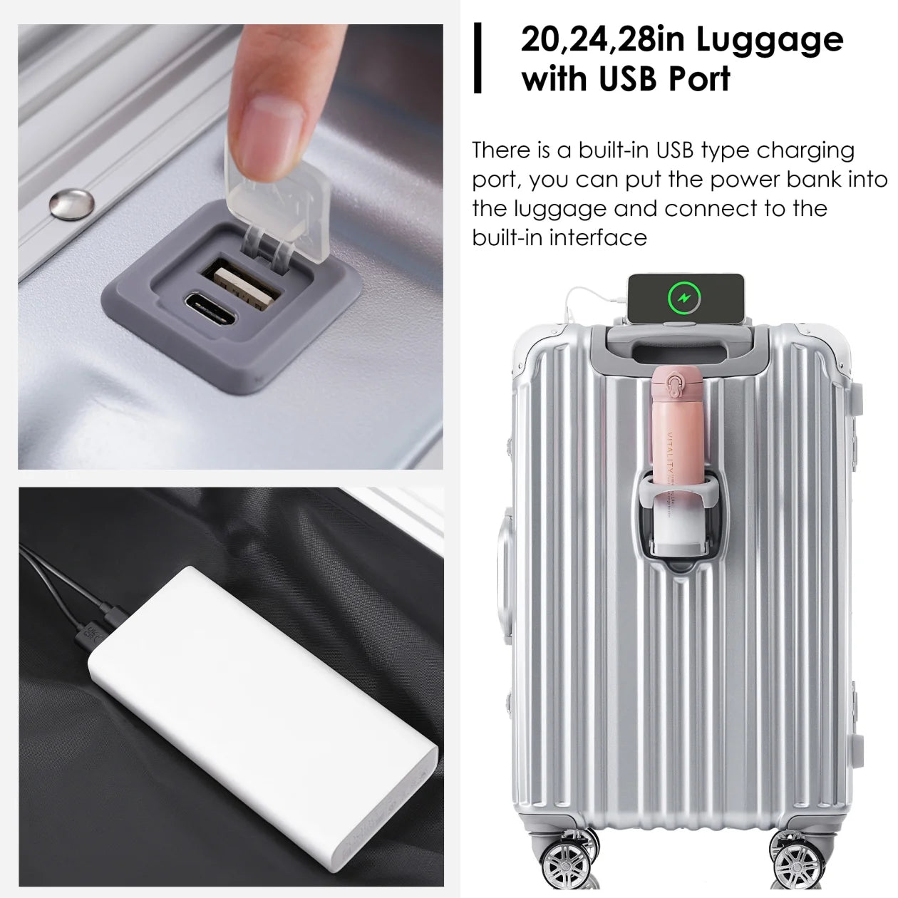 28In Aluminum Frame Luggage with USB Port, Vacation Carry-On Suitcase with Spinner Wheels and TSA Lock, Travel Trolley Case for Short Business Trips, Beach Holidays, Gray Silver