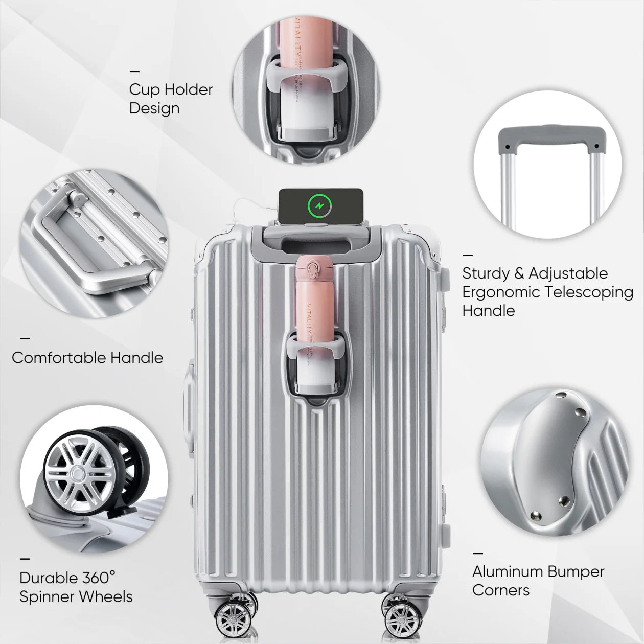 28In Aluminum Frame Luggage with USB Port, Vacation Carry-On Suitcase with Spinner Wheels and TSA Lock, Travel Trolley Case for Short Business Trips, Beach Holidays, Gray Silver