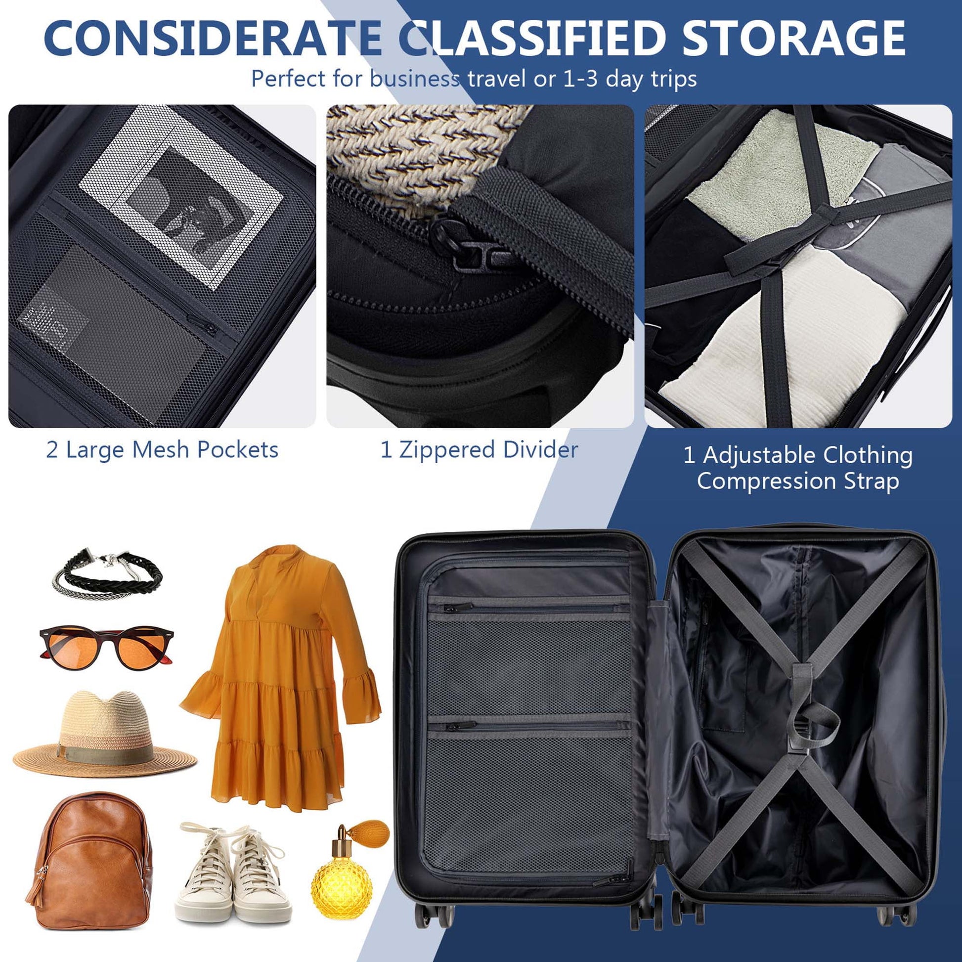 20'' Carry-On Luggage PC Hardside Suitcase TSA Lock with Front Pocket & USB Port Navy